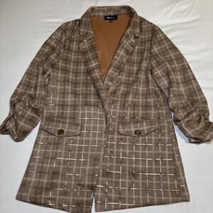 Alice Blue Blazer Tan Metallic Gold Plaid Womens Sz XL Rouched Sleeves Open EUC